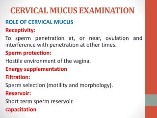 CERVICAL MUCUS EXAMINATION
ROLE OF CERVICAL MUCUS
Receptivity:
To sperm penetration at, or near, ovulation and
interference with penetration at other times.
Sperm protection:
Hostile environment of the vagina.
Energy supplementation
Filtration:
Sperm selection (motility and morphology).
Reservoir:
Short term sperm reservoir.
capacitation
 
