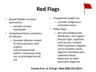 Red Flags
• Bowel/ bladder of sexual
dysfunction:
– consider cervical
myelopathy
• Unexplained fever/ symptoms
of infectio...