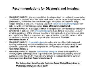 Recommendations for Diagnosis and Imaging
• RECOMMENDATION: It is suggested that the diagnosis of cervical radiculopathy b...