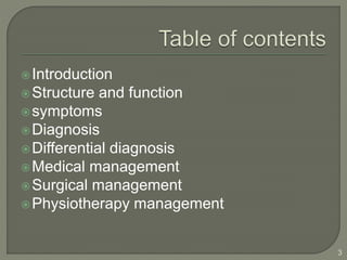 Introduction
Structure and function
symptoms
Diagnosis
Differential diagnosis
Medical management
Surgical management
Physiotherapy management
3
 