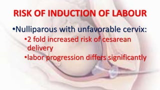 RISK OF INDUCTION OF LABOUR
•Nulliparous with unfavorable cervix:
•2 fold increased risk of cesarean
delivery
•labor progression differs significantly
 