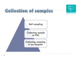 Self sampling
Collecting sample
at PHC
Collecting sampling
in our hospital
 