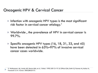  Infection with oncogenic HPV types is the most significant
risk factor in cervical cancer etiology.1
 Worldwide , the prevalence of HPV in cervical cancer is
99.7%.
 Specific oncogenic HPV types (16, 18, 31, 33, and 45)
have been detected in 63%–97% of invasive cervical
cancer cases worldwide.
Oncogenic HPV & Cervical Cancer
1. Walboomers JM, Jacobs MV, Manos MM, et al. J Pathol. 1999;189:12–19. 2. Clifford GM, Smith JS, Plummer M, Muñoz N,
Franceschi S. Br J Cancer. 2003;88:63–73.
 