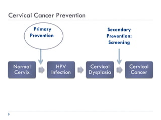 Normal
Cervix
HPV
Infection
Cervical
Dysplasia
Cervical
Cancer
Cervical Cancer Prevention
Primary
Prevention:
Secondary
Prevention:
Screening
 