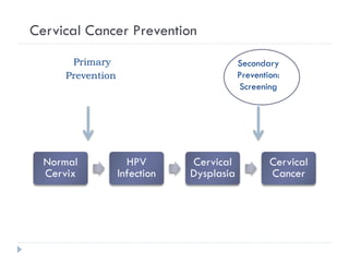 Normal
Cervix
HPV
Infection
Cervical
Dysplasia
Cervical
Cancer
Cervical Cancer Prevention
Primary
Prevention:
Secondary
Prevention:
Screening
 