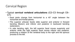 Cervical Region
• Typical cervical vertebral articulations (C2–C3 through C6–
C7):
• facet joints change from horizontal to a 45° angle between the
horizontal and frontal planes;
• The superior articular facets slide superior and anterior in forward
bending (flexion) and inferior and posterior in backward bending
(extension);
• In side bending right, the left superior facet moves superiorly and
anterior while the right superior facet moves inferior and posterior,
producing a rotation of the vertebral body to the right and the spinous
process to the left.
 