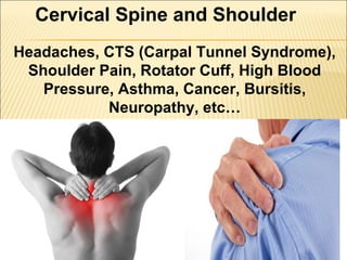 Cervical Spine and Shoulder
Headaches, CTS (Carpal Tunnel Syndrome),
Shoulder Pain, Rotator Cuff, High Blood
Pressure, Asthma, Cancer, Bursitis,
Neuropathy, etc…
 