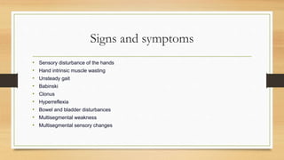 Signs and symptoms
• Sensory disturbance of the hands
• Hand intrinsic muscle wasting
• Unsteady gait
• Babinski
• Clonus
• Hyperreflexia
• Bowel and bladder disturbances
• Multisegmental weakness
• Multisegmental sensory changes
 
