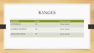 RANGES
FLEXION 45-50 Tissue stretch
EXTENSION 85 Tissue stretch
LATERAL FLEXION 40 Tissue stretch
AXIAL ROTATION 90 Tissue stretch
 