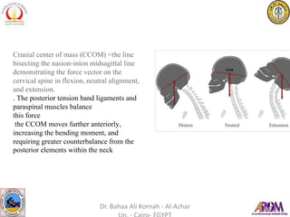 Cranial center of mass (CCOM) =the line
bisecting the nasion-inion midsagittal line
demonstrating the force vector on the
cervical spine in flexion, neutral alignment,
and extension.
. The posterior tension band ligaments and
paraspinal muscles balance
this force
the CCOM moves further anteriorly,
increasing the bending moment, and
requiring greater counterbalance from the
posterior elements within the neck
Dr. Bahaa Ali Kornah - Al-Azhar
 