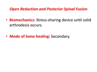 Open Reduction and Posterior Spinal Fusion
• Biomechanics: Stress-sharing device until solid
arthrodesis occurs.
• Mode of bone healing: Secondary.
 