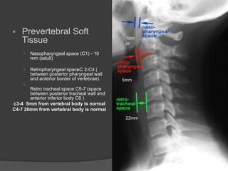 

Prevertebral Soft
Tissue


Nasopharyngeal space (C1) - 10
mm (adult)



Retropharyngeal spaceC 2-C4 (
between posterior pharyngeal wall
and anterior border of vertebrae).

10m
m



5mm

Retro tracheal space C5-7 (space
between posterior tracheal wall and
anterior inferior body C6 )
c3-4 5mm from vertebral body is normal
C4-7 20mm from vertebral body is normal
22mm

 