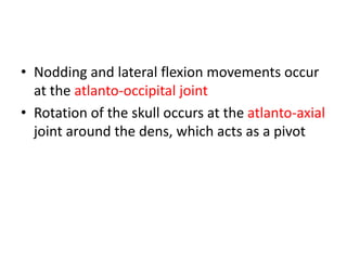 • Nodding and lateral flexion movements occur
at the atlanto-occipital joint
• Rotation of the skull occurs at the atlanto-axial
joint around the dens, which acts as a pivot
 
