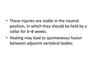 • These injuries are stable in the neutral
position, in which they should be held by a
collar for 6–8 weeks.
• Healing may lead to spontaneous fusion
between adjacent vertebral bodies
 