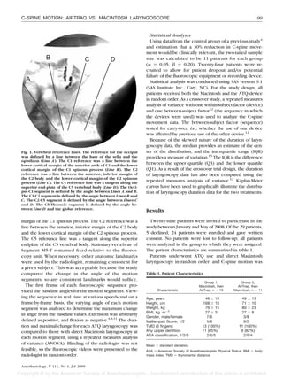 C-SPINE MOTION: AIRTRAQ VS. MACINTOSH LARYNGOSCOPE                                                                                       99


                                                                     Statistical Analyses
                                                                     Using data from the control group of a previous study4
                                                                   and estimation that a 30% reduction in C-spine move-
                                                                   ment would be clinically relevant, the two-tailed sample
                                                                   size was calculated to be 11 patients for each group
                                                                   (       0.05,        0.20). Twenty-four patients were re-
                                                                   cruited to allow for patient dropout and/or potential
                                                                   failure of the ﬂuoroscopic equipment or recording device.
                                                                     Statistical analysis was conducted using SAS version 9.1
                                                                   (SAS Institute Inc., Cary, NC). For the study design, all
                                                                   patients received both the Macintosh and the ATQ device
                                                                   in random order. As a crossover study, a repeated measures
                                                                   analysis of variance with one within-subject factor (device)
                                                                   and one between-subject factor12 (the sequence in which
                                                                   the devices were used) was used to analyze the C-spine
                                                                   movement data. The between-subject factor (sequence)
                                                                   tested for carry-over, i.e., whether the use of one device
                                                                   was affected by previous use of the other device.12
                                                                     Because of the skewed nature of the duration of laryn-
                                                                   goscopy data, the median provides an estimate of the cen-
Fig. 1. Vertebral reference lines. The reference for the occiput   ter of the distribution, and the interquartile range (IQR)
was deﬁned by a line between the base of the sella and the         provides a measure of variation.13 The IQR is the difference
opisthion (Line A). The C1 reference was a line between the
lower cortical margin of the anterior arch of C1 and the lower
                                                                   between the upper quartile (Q3) and the lower quartile
cortical margin of the C1 spinous process (Line B). The C2         (Q1). As a result of the crossover trial design, the duration
reference was a line between the anterior, inferior margin of      of laryngoscopy data has also been compared using the
the C2 body and the lower cortical margin of the C2 spinous
process (Line C). The C5 reference line was a tangent along the
                                                                   repeated measures analysis of variance.12 Kaplan-Meier
superior end-plate of the C5 vertebral body (Line D). The Occi-    curves have been used to graphically illustrate the distribu-
put-C1 segment is deﬁned by the angle between Lines A and B.       tion of laryngoscopy duration data for the two treatments.
The C1-C2 segment is deﬁned by the angle between Lines B and
C. The C2-C5 segment is deﬁned by the angle between Lines C
and D. The C5-Thoracic segment is deﬁned by the angle be-
tween Line D and the global reference.
                                                                   Results
margin of the C1 spinous process. The C2 reference was a             Twenty-nine patients were invited to participate in the
line between the anterior, inferior margin of the C2 body          study between January and May of 2008. Of the 29 patients,
and the lower cortical margin of the C2 spinous process.           5 declined; 24 patients were enrolled and gave written
The C5 reference line was a tangent along the superior             consent. No patients were lost to follow-up; all patients
endplate of the C5 vertebral body. Stationary vertebrae of         were analyzed in the group to which they were assigned.
Segment M5-T remained ﬁxed relative to the ﬂuoros-                 The patient characteristics are summarized in table 1.
copy unit. When necessary, other anatomic landmarks                  Patients underwent ATQ use and direct Macintosh
were used by the radiologist, remaining consistent for             laryngoscopy in random order, and C-spine motion was
a given subject. This was acceptable because the study
compared the change in the angle of the motion                     Table 1. Patient Characteristics
segments, so any consistent landmarks would sufﬁce.
                                                                                                        Group 1,              Group 2,
   The ﬁrst frame of each ﬂuoroscopic sequence pro-                                                 Macintosh, then         AirTraq, then
vided the baseline angles for the motion segments. View-                  Characteristic            AirTraq, n 13         Macintosh, n 11

ing the sequence in real time at various speeds and on a           Age, years                          48 18                  49 15
frame-by-frame basis, the varying angle of each motion             Height, cm                         168 10                 171 10
segment was analyzed to determine the maximum change               Weight, kg                          76 15                  80 23
                                                                   BMI, kg . m 2                       27 3                   27 8
in angle from the baseline values. Extension was arbitrarily       Gender, male/female                  7/6                    3/8
deﬁned as positive, and ﬂexion as negative.4,8,11 The dura-        Mallampati Score, 1/2                5/8                    9/2
tion and maximal change for each ATQ laryngoscopy was              TMD (3 ﬁngers)                     13 (100%)              11 (100%)
compared to those with direct Macintosh laryngoscopy at            Any upper dentition                11 (85%)                9 (82%)
                                                                   ASA classiﬁcation, 1/2/3             2/6/5                  2/5/4
each motion segment, using a repeated measures analysis
of variance (ANOVA). Blinding of the radiologist was not           Mean    standard deviation.
feasible, so the ﬂuoroscopic videos were presented to the          ASA    American Society of Anesthesiologists Physical Status; BMI   body
radiologist in random order.                                       mass index; TMD thyromental distance.


Anesthesiology, V 111, No 1, Jul 2009
 
