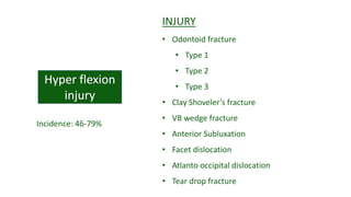 INJURY
• Odontoid fracture
• Type 1
• Type 2
• Type 3
• Clay Shoveler’s fracture
• VB wedge fracture
• Anterior Subluxation
• Facet dislocation
• Atlanto occipital dislocation
• Tear drop fracture
Incidence: 46-79%
 