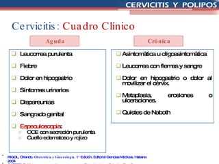 Aguda Leucorrea purulenta Fiebre Dolor en hipogastrio Síntomas urinarios  Dispareunias Sangrado genital  Especuloscopia : OCE con secreción purulenta Cuello edematoso y rojizo Crónica Asintomática u oligoasintomática Leucorrea con flemas y sangre Dolor en hipogastrio o dolor al movilizar el cérvix.  Metaplasia, erosiones o ulceraciones. Quistes de Naboth Cervicitis:   Cuadro Clínico RIGOL, Orlando.  Obstetricia y Ginecología.  1° Edición. Editorial Ciencias Medicas. Habana 2004 CAÑETE, P. M.  Urgencias en Ginecoobstetricia.  Patrocinado por Schering España. 