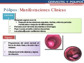 Pólipos:  Manifestaciones Clínicas Síntomas Signos Sangrado vaginal anormal Después de las relaciones sexuales, duchas, entre los períodos menstruales o después de la menopausia Períodos anormalmente abundantes (menorragia) Flujo mucoso amarillo o blanco (leucorrea) Los pólipos pueden ser asintomáticos. Proyecciones del canal cervical en forma de dedo, lisas y de color rojo o violáceo. Células levemente atípicas y signos de infección.  