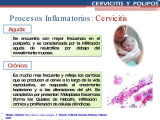 Procesos Inflamatorios:  Cervicitis Aguda:  Crónica:  RIGOL, Orlando.  Obstetricia y Ginecología.  1° Edición. Editorial Ciencias Medicas. Habana 2004 Ginecología y obstetricia . 6ª Edición. Manual CTO 2006 Se encuentra con mayor frecuencia en el postparto, y se caracterizada por la infiltración aguda de neutrofilos por debajo del revestimiento mucoso. Es mucho mas frecuente y refleja los cambios que se producen el cérvix a lo largo de la vida reproductiva, en respuesta al crecimiento bacteriano y a las alteraciones del pH. Se caracteriza por presentar: Metaplasia Escamosa (forma los Quistes de Naboth), infiltración  crónica y proliferación de células cilíndricas. 