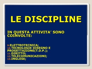 LE DISCIPLINE IN QUESTA ATTIVITA’ SONO COINVOLTE: ELETTROTECNICA; TECNOLOGIE DISEGNO E PROGETTAZIONE(T.D.P.); DIRITTO; TELECOMUNICAZIONI; INGLESE; 