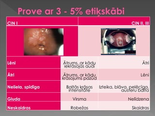 CIN I CIN II, III
Lēni Ātrums, ar kādu
iekrāsojas audi
Ātri
Ātri Ātrums, ar kādu
krāsojums pazūd
Lēni
Neliela, spīdīga Baltās krāsas
intensitāte
Izteika, blāva, pelēcīga,
austeru balta
Gluda Virsma Nelīdzena
Neskaidras Robežas Skaidras
 