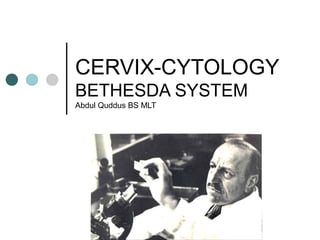 CERVIX-CYTOLOGY
BETHESDA SYSTEM
Abdul Quddus BS MLT
 