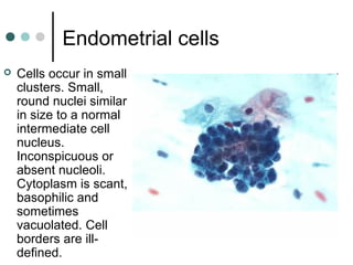 Endometrial cells
 Cells occur in small
clusters. Small,
round nuclei similar
in size to a normal
intermediate cell
nucleus.
Inconspicuous or
absent nucleoli.
Cytoplasm is scant,
basophilic and
sometimes
vacuolated. Cell
borders are ill-
defined.
 