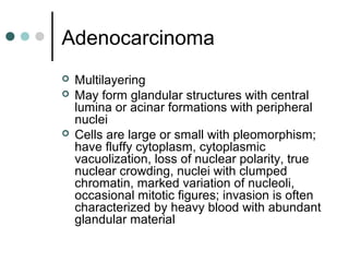 Adenocarcinoma
 Multilayering
 May form glandular structures with central
lumina or acinar formations with peripheral
nuclei
 Cells are large or small with pleomorphism;
have fluffy cytoplasm, cytoplasmic
vacuolization, loss of nuclear polarity, true
nuclear crowding, nuclei with clumped
chromatin, marked variation of nucleoli,
occasional mitotic figures; invasion is often
characterized by heavy blood with abundant
glandular material
 