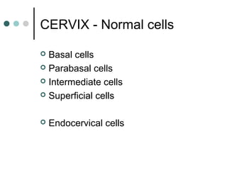 CERVIX - Normal cells
 Basal cells
 Parabasal cells
 Intermediate cells
 Superficial cells
 Endocervical cells
 
