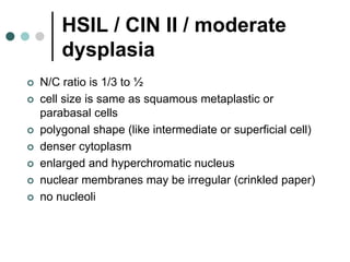 HSIL / CIN II / moderate
dysplasia
 N/C ratio is 1/3 to ½
 cell size is same as squamous metaplastic or
parabasal cells
 polygonal shape (like intermediate or superficial cell)
 denser cytoplasm
 enlarged and hyperchromatic nucleus
 nuclear membranes may be irregular (crinkled paper)
 no nucleoli
 