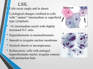 LSIL
• Cells occur singly and in sheets
• Cytological changes confined to cells
with “ mature” intermediate or superficial
type cytoplasm.
• >3x intermediate nuclei with slightly
increased N:C ratio
• Hyperchromatic to normochromatic
• Smooth to irregular nuclear membrane
• Nucleoli absent or inconspicuous
• Koilocytosis: cells with enlarged
hyperchromatic nuclei, irregular contour
with perinuclear halo
 
