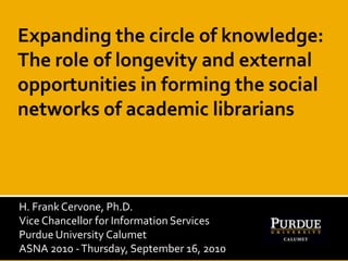 Expanding the circle of knowledge: The role of longevity and external opportunities in forming the social networks of academic librarians H. Frank Cervone, Ph.D. Vice Chancellor for Information Services Purdue University Calumet ASNA 2010 - Thursday, September 16, 2010 