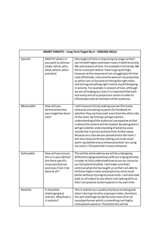 SMART TARGETS – Long Term Target No.3 – SINGING SKILLS
Specific EXACTLY whatis it
youwant to achieve
(state:which,who,
what,where,when
and why)
One target of mine isimprovingmyrange sothat I
can hit bothhigherandlowernotesinbothSincerely,
Me and seasonsof love.Forexample inSincerely,Me
there isone part where i have to go quite high,
howeveratthe movementIam strugglingtohitthat
note effectively.Ialsoneedtoworkon myprojection
as while Iam so focusedonhittingthe rightnotes
and timingeverythingrightInotice myselfdropping
involume.Forexample inseasonsof love,although
we are all singingasa class itis importantthateach
and everyone of usprojectour voicesinorderto
effectivelyreachall membersof the audience.
Measurable How will you
demonstrate that
your targethas been
met?
I will measure thisbymakingsure we filmevery
rehearsal andaskingmy peersforfeedbackon
whethertheycanheareach evenfromthe otherside
of the room.By filmingIwill getabetter
understandingof the audience'sperspective asthat
iswhere the camera will be located.ByaskingpeersI
will geta betterunderstanding of whatmyvoice
soundslike inpersonandalsofromfurtheraway
because asa classwe are spreadacross the room.I
will alsomeasure thisbymakingsure todo vocal
warm upsbefore everyrehearsalsothatI am using
my voice's full potential inevery rehearsal.
Achievable How will youensure
thisisin yourability?
Are there specific
resourcesthatcan
assistyou?Can it be
done at all?
Thiswill be achievableaswe will be undergoing
differentsingingworkshopswithoursingingdirector,
inorder to fullyunderstandhow touse our voicesto
our full potentialsafely.Iwill make sure thatI
continue whatshe hastaught us sothat I am able to
hitthose highernotesandprojectmyvoice much
betterwithoutinjuringmyvocal cords.I will alsolook
back on all videostosee where Iam lackingskillsso
that I can practise certainaspectsinmy owntime.
Realistic It shouldbe
challengingbut
realistic.Why/how is
it realistic?
Thisis realisticasI usuallyonlyfocusonactingand
whenI dosingI tendto singlowernotes,therefore
thiswill challengemyabilitytobe more of an all
roundperformerwhichissomethingIamhighly
motivatedtoworkon.Therefore thiswill be
 
