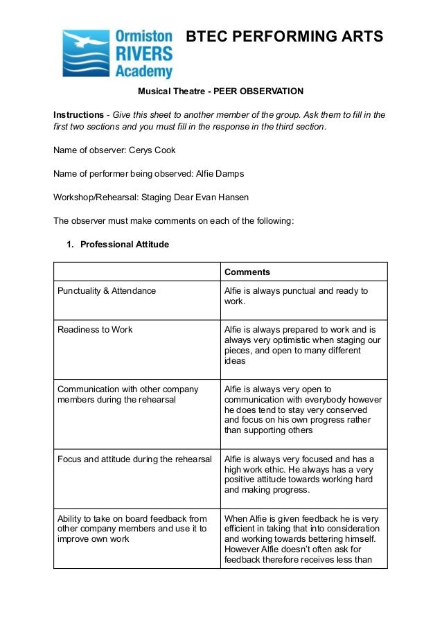 BTEC PERFORMING ARTS
Musical Theatre - PEER OBSERVATION
Instructions - Give this sheet to another member of the group. Ask them to fill in the
first two sections and you must fill in the response in the third section.
Name of observer: Cerys Cook
Name of performer being observed: Alfie Damps
Workshop/Rehearsal: Staging Dear Evan Hansen
The observer must make comments on each of the following:
1. Professional Attitude
Comments
Punctuality & Attendance Alfie is always punctual and ready to
work.
Readiness to Work Alfie is always prepared to work and is
always very optimistic when staging our
pieces, and open to many different
ideas
Communication with other company
members during the rehearsal
Alfie is always very open to
communication with everybody however
he does tend to stay very conserved
and focus on his own progress rather
than supporting others
Focus and attitude during the rehearsal Alfie is always very focused and has a
high work ethic. He always has a very
positive attitude towards working hard
and making progress.
Ability to take on board feedback from
other company members and use it to
improve own work
When Alfie is given feedback he is very
efficient in taking that into consideration
and working towards bettering himself.
However Alfie doesn’t often ask for
feedback therefore receives less than
 