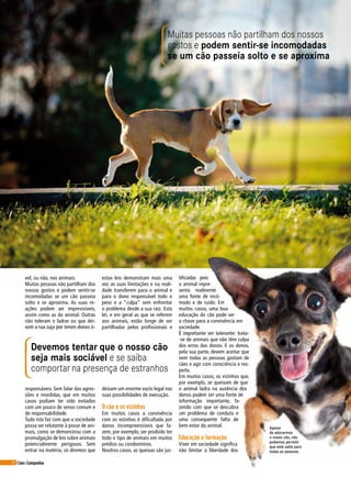 32 Cães&Companhia
vel, ou não, nos animais.
Muitas pessoas não partilham dos
nossos gostos e podem sentir-se
incomodadas se um cão passeia
solto e se aproxima. As suas re-
ações podem ser imprevisíveis,
assim como as do animal. Outras
não toleram o ladrar ou que dei-
xem a rua suja por terem donos ir-
tificadas pois
o animal repre-
senta realmente
uma fonte de incó-
modo e de ruído. Em
muitos casos, uma boa
educação do cão pode ser
a chave para a convivência em
sociedade.
É importante ser tolerante: trata-
-se de animais que não têm culpa
dos erros dos donos. E os donos,
pela sua parte, devem aceitar que
nem todas as pessoas gostam de
cães e agir com consciência e res-
peito.
Em muitos casos, os vizinhos que,
por exemplo, se queixam de que
o animal ladra na ausência dos
donos podem ser uma fonte de
informação importante, fa-
zendo com que se descubra
um problema de conduta e
uma consequente falta de
bem-estar do animal.
Educação e formação
Viver em sociedade significa
não limitar a liberdade dos
Devemos tentar que o nosso cão
seja mais sociável e se saiba
comportar na presença de estranhos
Muitas pessoas não partilham dos nossos
gostos e podem sentir-se incomodadas
se um cão passeia solto e se aproxima
Apesar
de adorarmos
o nosso cão, não
podemos permitir
que este salte para
todas as pessoas.
estas leis demonstram mais uma
vez as suas limitações e na reali-
dade transferem para o animal e
para o dono responsável todo o
peso e a “culpa” sem enfrentar
o problema desde a sua raiz. Esta
lei, e em geral as que se referem
aos animais, estão longe de ser
partilhadas pelos profissionais e
responsáveis. Sem falar das agres-
sões e mordidas, que em muitos
casos podiam ter sido evitadas
com um pouco de senso comum e
de responsabilidade.
Tudo isto faz com que a sociedade
possa ser relutante à posse de ani-
mais, como se demonstrou com a
promulgação de leis sobre animais
potencialmente perigosos. Sem
entrar na matéria, só diremos que
deixam um enorme vazio legal nas
suas possibilidades de execução.
O cão e os vizinhos
Em muitos casos a convivência
com os vizinhos é dificultada por
danos incompreensíveis que fa-
zem, por exemplo, ser proibido ter
todo o tipo de animais em muitos
prédios ou condomínios.
Noutros casos, as queixas são jus-
 