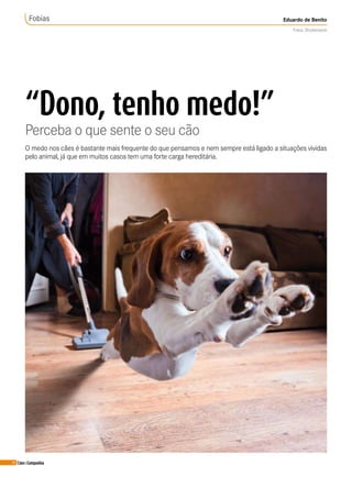 34 Cães&Companhia
“Dono, tenho medo!”
Perceba o que sente o seu cão
Fobias Eduardo de Benito
Fotos: Shutterstock
O medo nos cães é bastante mais frequente do que pensamos e nem sempre está ligado a situações vividas
pelo animal,já que em muitos casos tem uma forte carga hereditária.
 