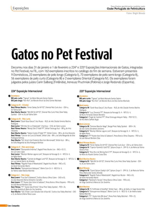 72 Cães&Companhia
Gatos no Pet Festival
Decorreu nos dias 31de janeiro e 1de fevereiro a 224ª e 225ª Exposições Internacionais de Gatos, integradas
no Pet Festival, na FIL, com 162exemplares inscritos no catálogo do fim de semana. Estiveram presentes
9Domésticos, 22exemplares de pelo longo (Categoria I), 73 exemplares de pelo semi-longo (Categoria II),
56 exemplares de pelo curto (Categoria III) e 2exemplares Oriental (Categoria IV). Os exemplares foram
julgados pelos juízes Carin Salberg (Finlândia), Ireneusz Pruchniak(Polónia) e Jorge Redondo (Espanha).
Exposições
Resultados gentilmente cedidos pelo
Clube Português de Felinicultura
Fotos: BrightWoods
224ª Exposição Internacional
Doméstico
BIS pelo curto: “Tigresa”, de Maria Manuela Santos Sabino
BIS pelo longo: “Ron-Ron”, de Marcelo Bruno da Silva Gomes Machado
Categoria IV – Oriental
Best Fêmea Neutro: “Annie Oakley DeVill*ES”, Oriental Pelo Curto Azul – OSH a,
de Fátima Sehn
Best Macho Neutro: “Wild Bill DeVill*ES”, Oriental Pelo Curto Preto SilverTabby
Spotted - OSH ns 24, de Fátima Sehn
Categoria III – Pelo curto
Best Jovem: “Zarah Rosa Glauca”, Azul Russo – RUS, de Inês Cláudia Ferreira Martins
Rodrigues
Best Junior: “JWJimbo De La Chabanade”, Chartreux – CHA, de Claire Luciano
Best Fêmea Neutro: “Wendy Elite D’Vialle*PT”, BritishTartaruga Azul – BRI g, de Irina
Vibranets
Best Macho Neutro: “Xabier-Cookie D’Vialle*PT”. British Creme – BRI e, de IrinaVibranets
Best Fêmea: “Cancion de Cuna (II) Resalá”, British Lilás – BRI c, de Sofia Margarida da Silva
Rodrigues Bulhosa
Best Macho: “GIC Anne’s Karl-FrederickBlueVom Wernerwald”, British Azul – BRI a,
de Sofia Margarida da Silva Rodrigues Bulhosa
Categoria II – Pelo semi-longo
Best Jovem: “Olympodolls Artemisa”, Ragdoll Preto BicolorLinx – RAG n 03 21,
de Luis Calvo López
Best Junior: “Macklyn Warlow Laguna Loire”, Bosques da Noruega Gr. 4 – NFO Gr. 4,
de Agata Rama
Best Macho Neutro: “Camelot de Weggie Land*ES”, Bosques da Noruega Gr. 2– NFO Gr. 2,
de Luis Gabriel Martin de Almeida
Best Fêmea: “Ragville Prada of Malattodolls”, Ragdoll Azul Bicolor– RAG a 03,
de David Hernandez Martin
Best Macho: “StarsupernovaVelasquez”, Maine Coon Gr. 4 – MCO Gr. 4,
de Helena Isabel Batista Marchão
Categoria I – Pelo longo
Best Jovem: “True Star’s Edelweiss”, Exótico Branco Olhos Cobre – EXO w 62,
de Júlia Alexandra RamosVerissimo Carvalho
Best Jovem: “PT*Kiyoko Kats Dolce & Gabbana”, Persa Branco Olhos Dispares – PER w 63,
de José Manuel Monteiro Dias
Best Fêmea: “PT* Kiyoko Kats B’mine”, Persa PretoTabby Spotted – PER n 24,
de Diogo Sardinha & Maria do Céu Sardinha
Best Macho: “GIC D’Eden LoverSalvadorDali of Busi-Bu”, Exótico AzulTabby Blotched – EXO
a 22, de Marta & Réme Pérez-Lozao
225ª Exposição Internacional
Doméstico
BIS pelo curto: “Tigresa”, de Maria Manuela Santos Sabino
BIS pelo longo: “Ron-Ron”, de Marcelo Bruno da Silva Gomes Machado
Best Jovens
Categoria III: “Zarah Rosa Glauca”, Azul Russo – RUS, de Inês Cláudia Ferreira Martins
Rodrigues
Categoria II: “Lucy Dracarys*PT”, Bosques da Noruega Gr. 4 – NFO Gr. 4,
de Bruno Fernando Esteves Monteiro
Categoria I: “Angel de Catshire*PT”, PersaTartaruga ArlequimTabby – PER f 0221,
de Ana Maria Galheto Bugio
Best Juniores
Categoria III: “SommerBlanche Neige”, Bengal PretoTabby Spotted – BEN n 24,
de João Carlos Serralheiro Jerónimo
Categoria II: “Macklyn Warlow Laguna Loire”, Bosques da Noruega Gr. 4 – NFO Gr. 4,
de Agata Rama
Categoria I: “PT*Kiyoko Kats Dolce & Gabbana”, Persa Branco Olhos Dispares – PER w 63,
de José Manuel Monteiro Dias
Best Fêmeas Neutro
Categoria IV: “Annie Oakley DeVill*ES”, Oriental Pelo Curto Azul – OSH a, de Fátima Sehn
Categoria III: “Caprice Pyramid’s Gold*ES”, Sphynx Grupo 4 – SPH Gr. 4, de Maria de Fátima
Oliveira Pires
Categoria II: “Nina Ricci de Miming Star’s*PT”, Bosques da Noruega Gr. 6 – NFO Gr. 6,
de Maria do Rosário Santos Costa Silva
Best Machos Neutro
Categoria IV: “Wild Bill DeVill*ES”, Oriental Pelo Curto Preto SilverTabby Spotted - OSH
ns 24, de Fátima Sehn
Best Fêmeas
Categoria III: “Grand Sphynx Daddy’s Girl”, Sphynx Grupo 5 – SPH Gr. 5, de Maria de Fátima
Pires/Maria João Santos Almeida
Categoria II: “Ragville Prada of Malattodolls”, Ragdoll Azul Bicolor– RAG a 03,
de David Hernandez Martin
Categoria I: “Bandicat’s Haruka”, Persa Branco Olhos Cobre – PER w 62,
de Diogo Sardinha & Maria do Céu Sardinha
Best Machos
Categoria III: “IC Fluffmisterof Kotoffski”, British Fawn – BRI p, de Kathy Lin Gago Nunes Brito
Categoria II: “StarsupernovaVelaquez”, Maine Coon Gr. 4 – MCO Gr. 4, de Helena Isabel
Batista Marchão
Categoria I: “PT* Kiyoko Kats BB-4ever”, Persa PretoTabby Blotched – PER n 22,
de Diogo Sardinha & Maria do Céu Sardinha
1
2
3
4
5
6
7
8
9
9
10
11
 