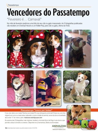 Passatempo
Vencedores do Passatempo
“Fevereiro é… Carnaval”
No mês de fevereiro pedimos uma foto do seu cão ou gato mascarado. As 5 fotografias publicadas
vão receberum Champô Neutro e um RollerPop, para cão ou gato, oferta daTrixie.
Nota: Os premiados devem reclamaro seu prémio através do número: 218 310 932.
O Charlie Brown com 5 anos.
Angelina Antunes, Lisboa
A Mimi
com 14 anos.
Maria Dias,
Sintra
A Cometa (4 anos) leva o lema
“os cães são anjos disfarçados”
muito a sério.
Joana Cerqueira,
São João da Talha
O Rocky com 10 anos.
Fernando Silva, Loures
O Fofinho com 6 anos.
José Silva,
Albergaria-a-Velha
 