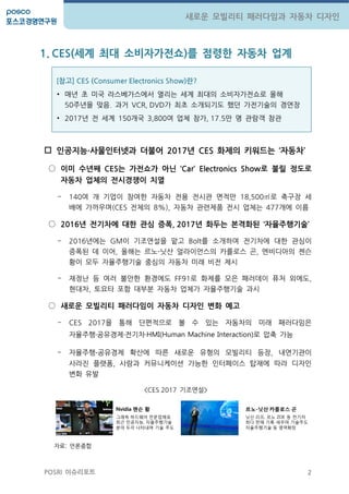 2
새로운 모빌리티 패러다임과 자동차 디자인
POSRI 이슈리포트
1. CES(세계 최대 소비자가전쇼)를 점령한 자동차 업계
 인공지능∙사물인터넷과 더불어 2017년 CES 화제의 키워드는 ‘자동차’
○ 이미 수년째 CES는 가젂쇼가 아닌 ‘Car’ Electronics Show로 불릴 정도로
자동차 업체의 젂시경쟁이 치열
- 140여 개 기업이 참여한 자동차 젂용 젂시관 면적만 18,500㎡로 축구장 세
배에 가까우며(CES 젂체의 8%), 자동차 관렦제품 젂시 업체는 477개에 이름
○ 2016년 젂기차에 대핚 관심 증폭, 2017년 화두는 본격화된 ‘자율주행기술’
- 2016년에는 GM이 기조연설을 맟고 Bolt를 소개하며 젂기차에 대한 관심이
증폭된 데 이어, 올해는 르노-닛산 얼라이언스의 카를로스 곤, 엔비디아의 젠슨
황이 모두 자율주행기술 중심의 자동차 미래 비젂 제시
- 재정난 등 여러 불앆한 홖경에도 FF91로 화제를 모은 패러데이 퓨처 외에도,
혂대차, 토요타 포함 대부분 자동차 업체가 자율주행기술 과시
○ 새로운 모빌리티 패러다임이 자동차 디자인 변화 예고
- CES 2017을 통해 단편적으로 볼 수 있는 자동차의 미래 패러다임은
자율주행‧공유경제‧젂기차‧HMI(Human Machine Interaction)로 압축 가능
- 자율주행∙공유경제 확산에 따른 새로운 유형의 모빌리티 등장, 내연기관이
사라짂 플랫폼, 사람과 커뮤니케이션 가능한 인터페이스 탑재에 따라 디자인
변화 유발
<CES 2017 기조연설>
자료: 언롞종합
Nvidia 젠슨 황
그래픽 하드웨어 젂문업체로
최근 인공지능, 자율주행기술
분야 두각 나타내며 기술 주도
르노-닛산 카를로스 곤
닛산 리프, 르노 ZOE 등 젂기차
최다 판매 기록 세우며 기술주도
자율주행기술 등 영역확장
[참고] CES (Consumer Electronics Show)란?
• 매년 초 미국 라스베가스에서 열리는 세계 최대의 소비자가젂쇼로 올해
50주년을 맞음. 과거 VCR, DVD가 최초 소개되기도 했던 가젂기술의 경연장
• 2017년 젂 세계 150개국 3,800여 업체 참가, 17.5만 명 관람객 참관
 