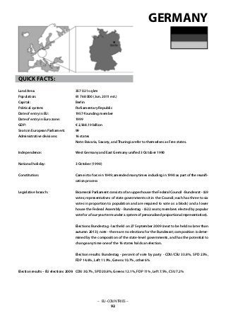 – EU-COUNTRIES –
92
357 021 sq km
81 768 000 (Jun. 2011 est.)
Berlin
Parliamentary Republic
1957-founding member
1999
€ 2,568.19 billion
99
16 states
Note: Bavaria, Saxony, and Thuringia refer to themselves as Free states.
West Germany and East Germany unified 3 October 1990
3 October (1990)
Came into force in 1949; amended many times including in 1990 as part of the reunifi-
cation process
Bicameral Parliament consists of an upper house the Federal Council - Bundesrat - (69
votes; representatives of state governments sit in the Council; each has three to six
votes in proportion to population and are required to vote as a block) and a lower
house the Federal Assembly - Bundestag - (622 seats; members elected by popular
vote for a four-year term under a system of personalised proportional representation).
Elections: Bundestag - last held on 27 September 2009 (next to be held no later than
autumn 2013); note - there are no elections for the Bundesrat; composition is deter-
mined by the composition of the state-level governments, and has the potential to
change any time one of the 16 states holds an election.
Election results: Bundestag - percent of vote by party - CDU/CSU 33.8%, SPD 23%,
FDP 14.6%, Left 11.9%, Greens 10.7%, other 6%
CDU 30.7%, SPD 20.8%, Greens 12.1%, FDP 11%, Left 7.5%, CSU 7.2%
GERMANY
QUICK FACTS:
Land Area: 	
Population: 	
Capital: 			
Political system: 		
Date of entry in EU: 	
Date of entry in Euro zone: 	
GDP: 			
Seats in European Parliament:
Administrative divisions: 	
Independence: 			
National holiday: 	
Constitution: 		
Legislative branch: 			
Election results – EU elections 2009:
 