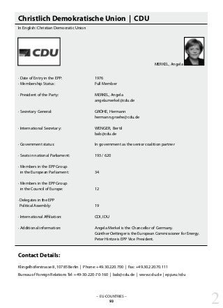 Christlich Demokratische Union | CDU
In English: Christian Democratic Union
· Date of Entry in the EPP: 			 1976
· Membership Status: 			 Full Member
· President of the Party: 			 MERKEL, Angela
					 angela.merkel@cdu.de
· Secretary General: 			 GRÖHE, Hermann
					 hermann.groehe@cdu.de
· International Secretary: 			 WENGER, Bertil
					 bab@cdu.de
· Government status: 			 In government as the senior coalition partner
· Seats in national Parliament: 		 193 / 620
· Members in the EPP Group
in the European Parliament: 		 34
· Members in the EPP Group
in the Council of Europe: 		 12
· Delegates in the EPP
Political Assembly: 			 19
· International Affiliation: 			 CDI, IDU
· Additional information: 			 Angela Merkel is the Chancellor of Germany.
					 Günther Oettinger is the European Commissioner for Energy.
					 Peter Hintze is EPP Vice President.		
Contact Details:
Klingelhöferstrasse 8, 10785 Berlin | Phone: +49.30.220.700 | Fax: +49.30.220.70.111
Bureau of Foreign Relations Tel: +49-30-220-70-160 | bab@cdu.de | www.cdu.de | epp.eu/cdu
– EU-COUNTRIES –
93 2
MERKEL, Angela
 