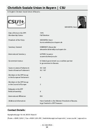 Christlich-Soziale Union in Bayern | CSU
In English: Christian-Social Union of Bavaria
· Date of Entry in the EPP: 			 1976
· Membership Status: 			 Full Member
· President of the Party: 			 SEEHOFER, Horst
					 horst.seehofer@csu-bayern.de
· Secretary General: 			 DOBRINDT, Alexander
					 alexander.dobrindt@csu-bayern.de
· International Secretary: 			 LUTHER, Susanne
					 susanne.luther@csu.de
· Government status:			 In federal government as a coalition partner
					 In government in Bavaria
· Seats in national Parliament: 		 44 / 620
· Seats in Bavarian Parliament: 		 92 / 187
· Members in the EPP Group
in the European Parliament: 		 8
· Members in the EPP Group
in the Council of Europe: 		 2
· Delegates in the EPP
Political Assembly: 			 8
· International Affiliation: 			 IDU
· Additional information: 			 Horst Seehofer is the Minister-President of Bavaria.
					 Ingo Friedrich is EPP Treasurer.
										
Contact Details:
Nymphenburger Str. 64, 80335 Munich
Phone: +49.89.1243.0 | Fax: +49.89.1243.299 | landesleitung@csu-bayern.de | www.csu.de | epp.eu/csu
– EU-COUNTRIES –
94
SEEHOFER, Horst
 