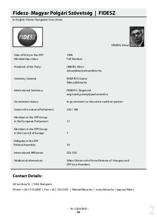 Fidesz- Magyar Polgári Szövetség | FIDESZ
In English: Fidesz-Hungarian Civic Union
· Date of Entry in the EPP: 			 1996
· Membership status: 			 Full Member
· President of the Party: 			 ORBÁN, Viktor
					 orbanviktor@orbanviktor.hu
· Secretary General: 			 KUBATOV, Gabor 							
					 fidesz@fidesz.hu
· International Secretary: 			 PERENYI, Zsigmond
					 zsigmond.perenyi@parlament.hu
· Government status: 			 In government as the senior coalition partner
· Seats in the national Parliament: 		 226 / 386
· Members in the EPP Group
in the European Parliament: 		 13
· Members in the EPP Group
in the Council of Europe: 		 7
· Delegates in the EPP
Political Assembly: 			 10
· International Affiliation: 			 CDI, IDU
· Additional information: 			 Viktor Orbán is the Prime Minister of Hungary and
					 EPP Vice-President.
Contact Details:
28 Lendvay St. | 1062 Budapest
Phone: +36.1.555.2000 | Fax: +36.1.555.2001 | fidesz@fidesz.hu | www.fidesz.hu | epp.eu/fidesz
– EU-COUNTRIES –
99 2
ORBÁN, Viktor
 