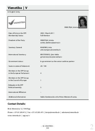 ĀBOLTIŅA, Solvita
Vienotība | V
In English: Unity
· Date of Entry in the EPP: 			 2003 / March 2011
· Membership Status: 			 Full Member
· President of the Party: 			 ĀBOLTIŅA, Solvita
					 solvita.aboltina@saeima.lv
· Secretary General: 			 KAMPARS, Artis
					 artis.kampars@vienotiba.lv
· International Secretary: 			 KRISTOVSKIS, Ģirts Valdis
					 girts.kristovskis@vienotiba.lv
· Government status: 			 In government as the senior coalition partner
· Seats in national Parliament: 		 20 / 100
· Members in the EPP Group
in the European Parliament: 		 4
· Members in the EPP Group
in the Council of Europe: 		 1
· Delegates in the EPP
Political Assembly: 			 5
· International Affiliation: 			 –
· Additional information: 			 Valdis Dombrovskis is the Prime Minister of Latvia.
Contact Details:
Blvd. Meierovica 12, 1050 Riga
Phone: +371.67.205.472 | Fax: +371.67.205.473 | birojs@vienotiba.lv | sekretare@vienotiba.lv
www.vienotiba.lv | epp.eu/v
– EU-COUNTRIES –
111 2
 
