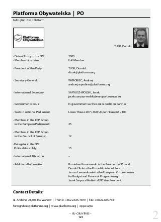 – EU-COUNTRIES –
121
Platforma Obywatelska | PO
In English: Civic Platform
· Date of Entry in the EPP: 			 2003
· Membership status: 			 Full Member
· President of the Party: 			 TUSK, Donald
					 dtusk@platforma.org
· Secretary General: 			 WYROBIEC, Andrzej
					 andrzej.wyrobiec@platforma.org
· International Secretary: 			 SARYUSZ-WOLSKI, Jacek
					 jacek.saryusz-wolski@europarl.europa.eu
· Government status: 			 In government as the senior coalition partner
· Seats in national Parliament: 		 Lower House 207 / 460; Upper House 63 / 100
· Members in the EPP Group
in the European Parliament:		 25
· Members in the EPP Group
in the Council of Europe: 		 12
· Delegates in the EPP
Political Assembly: 			 15
· International Affiliation: 			 –
· Additional Information: 			 Bronisław Komorowski is the President of Poland.
					 Donald Tusk is the Prime Minister of Poland.
					 Janusz Lewandowski is the European Commissioner
					 for Budget and Financial Programming. 			
					 Jacek Saryusz-Wolski is EPP Vice President.
Contact Details:
ul. Andersa 21, 00-159 Warsaw | Phone: +48.22.635.7879 | Fax: +48.22.635.7641
foreigndesk@platforma.org | www.platforma.org | epp.eu/po
2
TUSK, Donald
 