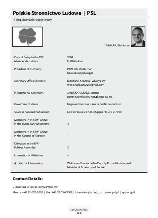 Polskie Stronnictwo Ludowe | PSL
In English: Polish People‘s Party
· Date of Entry in the EPP: 			 2004
· Membership status: 			 Full Member
· President of the Party: 			 PAWLAK, Waldemar
					 biuronkw@psl.org.pl
· Secretary Office Director: 		 KOSINIAK-KAMYSZ, Władysław
					 wkosiniakkamysz@gmail.com
· International Secretary:			 JARECKA-GOMEZ, Joanna
					 joanna.jarecka@europarl.europa.eu
· Government status: 			 In government as a junior coalition partner
· Seats in national Parliament:		 Lower House 28 / 460; Upper House 2 / 100
· Members in the EPP Group
in the European Parliament: 		 4
· Members in the EPP Group
in the Council of Europe: 		 1
· Delegates in the EPP
Political Assembly:			 3
· International Affiliation: 			 –
· Additional Information: 			 Waldemar Pawlak is the Deputy Prime Minister and
					 Minister of Economy of Poland.
Contact Details:
ul. Kopernika 36/40, 00-924 Warsaw
Phone: +48.22.620.6020 | Fax: +48.22.654.3583 | biuronkw@psl.org.pl | www.psl.pl | epp.eu/psl
– EU-COUNTRIES –
122
PAWLAK, Waldemar
 