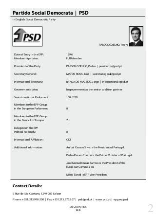 Partido Social Democrata | PSD
In English: Social Democratic Party
· Date of Entry in the EPP: 			 1996
· Membership status: 			 Full Member
· President of the Party: 			 PASSOS COELHO, Pedro | presidente@psd.pt
· Secretary General: 			 MATOS ROSA, José | secretariogeral@psd.pt
· International Secretary: 			 BRAGA DE MACEDO, Jorge | international@psd.pt
· Government status: 			 In government as the senior coalition partner
· Seats in national Parliament: 		 108 / 230
· Members in the EPP Group
in the European Parliament: 		 8
· Members in the EPP Group
in the Council of Europe: 		 7
· Delegates in the EPP
Political Assembly: 			 8
· International Affiliation: 			 CDI
· Additional Information: 			 Aníbal Cavaco Silva is the President of Portugal.	
			
					 Pedro Passos Coelho is the Prime Minister of Portugal.
					 José Manuel Durão Barroso is the President of the
					 European Commission.
					 Mário David is EPP Vice President.
Contact Details:
9 Rue de São Caetano, 1249-089 Lisbon
Phone: +351.213.918.500 | Fax: +351.213.976.967 | psd@psd.pt | www.psd.pt | epp.eu/psd
– EU-COUNTRIES –
125 2
PASSOS COELHO, Pedro
 
