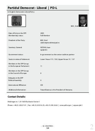 – EU-COUNTRIES –
129
Partidul Democrat - Liberal | PD-L
In English: Democratic Liberal Party
· Date of Entry in the EPP: 			 2005
· Membership status: 			 Full Member
· President of the Party: 			 BOC, Emil
					 cabinetpresedinte@pd.ro
· Secretary General: 			 OLTEAN, Ioan
					 sg@pd.ro
· Government status: 			 In government as the senior coalition partner
· Seats in national Parliament: 		 Lower House 115 / 332; Upper House 51 / 137
· Members in the EPP Group
in the European Parliament: 		 11
· Members in the EPP Group
in the Council of Europe: 		 8
· Delegates in the EPP
Political Assembly:			 9
· International Affiliation: 			 CDI
· Additional Information: 			 Traian Băsescu is the President of Romania.
Contact Details:
Modrogan nr. 1, 011825 Bucharest Sector 1
Phone: +40.21.230.37.01 | Fax: +40.21.230.16.25; +40.21.230.22.62 | www.pdl.org.ro | epp.eu/pd-l
2
BOC, Emil
 
