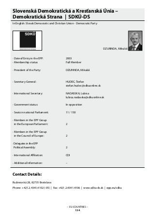 Slovenská Demokratická a Kresťanská Únia –
Demokratická Strana | SDKÚ-DS
In English: Slovak Democratic and Christian Union - Democratic Party
· Date of Entry in the EPP: 			 2003
· Membership status: 			 Full Member
· President of the Party: 			 DZURINDA, Mikuláš
					
· Secretary General: 			 HUDEC, Štefan
					 stefan.hudec@sdkuonline.sk
· International Secretary: 			 NADASSKA, Lubica
					 lubica.nadasska@sdkuonline.sk
· Government status: 			 In opposition
· Seats in national Parliament: 		 11 / 150
· Members in the EPP Group
in the European Parliament: 		 2
· Members in the EPP Group
in the Council of Europe: 		 2
· Delegates in the EPP
Political Assembly: 			 2
· International Affiliation: 			 CDI
· Additional Information: 			 –
		
Contact Details:
Ružinovská 28, 82735 Bratislava
Phone: +421.2.4341.4102 (-05) | Fax: +421.2.4341.4106 | www.sdku-ds.sk | epp.eu/sdku
– EU-COUNTRIES –
134
DZURINDA, Mikuláš
 