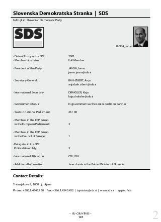 – EU-COUNTRIES –
137
Slovenska Demokratska Stranka | SDS
In English: Slovenian Democratic Party
· Date of Entry in the EPP: 			 2001
· Membership status: 			 Full Member
· President of the Party: 			 JANŠA, Janez
					 janez.jansa@sds.si
· Secretary General: 			 BAH-ŽIBERT, Anja
					 anja.bah.zibert@sds.si
· International Secretary: 			 DRAKSLER, Kaja
					 kaja.draksler@sds.si
· Government status: 			 In government as the senior coalition partner
· Seats in national Parliament: 		 26 / 90
· Members in the EPP Group
in the European Parliament: 		 3
· Members in the EPP Group
in the Council of Europe: 		 1
· Delegates in the EPP
Political Assembly:		 	 3
· International Affiliation: 			 CDI, IDU
· Additional Information: 			 Janez Janša is the Prime Minister of Slovenia.
Contact Details:
Trstenjakova 8, 1000 Ljubljana
Phone: +386.1.4345.450 | Fax: +386.1.4345.452 | tajnistvo@sds.si | www.sds.si | epp.eu/sds
2
JANŠA, Janez
 
